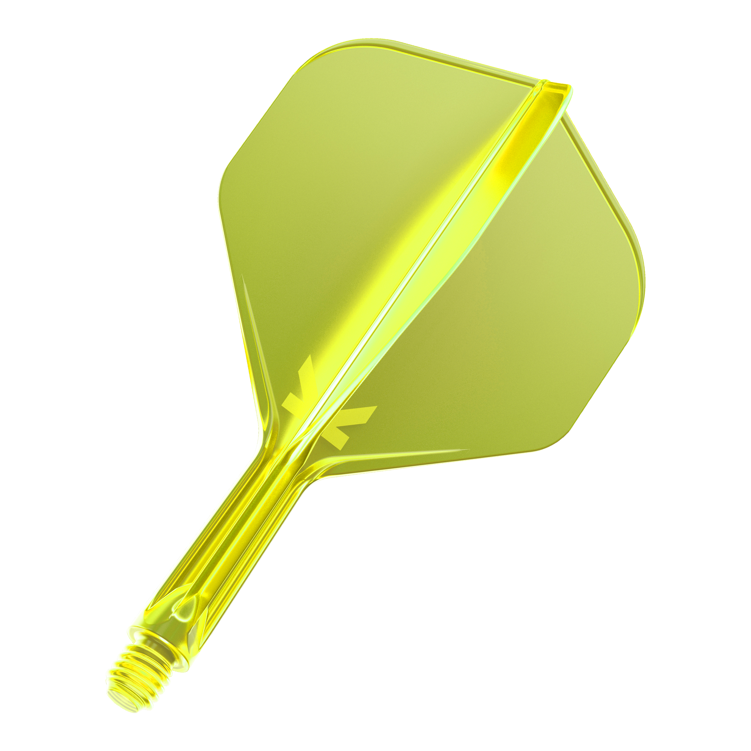 Das Bild zeigt eine neon-gelbe Dart-Flügel-Kombination mit einem integrierten Schaft. Die Oberfläche ist glänzend und das Material wirkt durchsichtig.